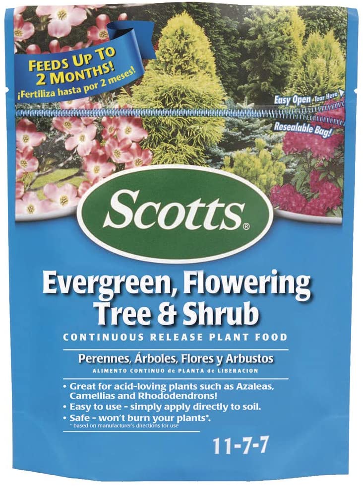 Best fertilizers for arborvitae: Scotts Evergreen Flowering Tree & Shrub Continuous Release Plant Food