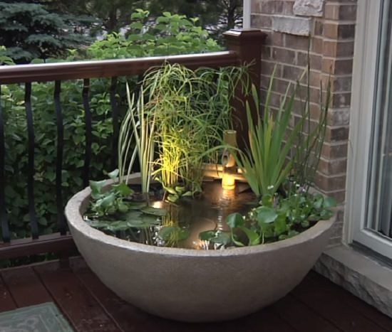 A water garden in a stone patio bowl, illuminating the beauty of aquatic plant through its warm yellow underwater lighting.
