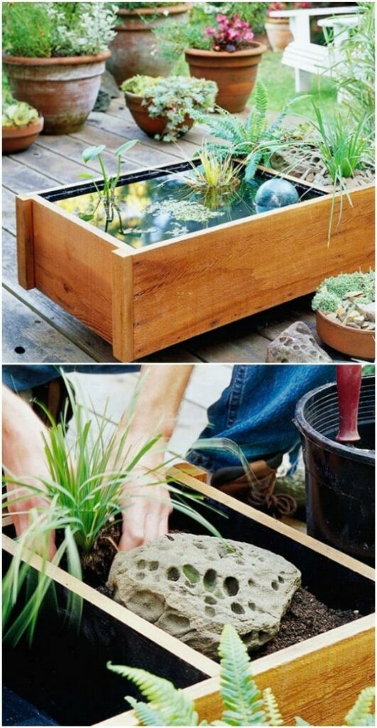 An elevated box-type water garden, adding a unique Japanese setting to a patio.

