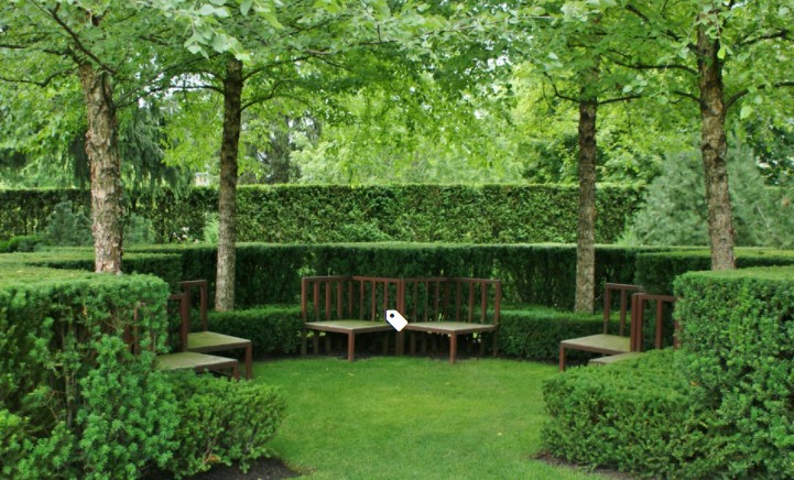 An outdoor sitting next to nicely-shaped hedges and a couple of pine trees