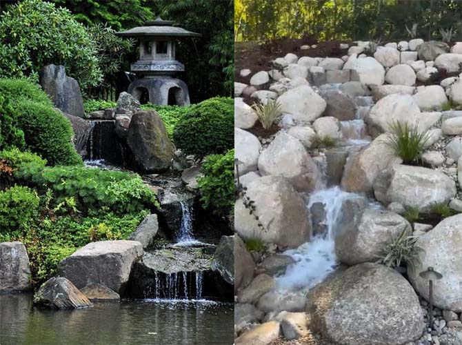 Bare hillsides turned into a water garden using big boulders and stones.