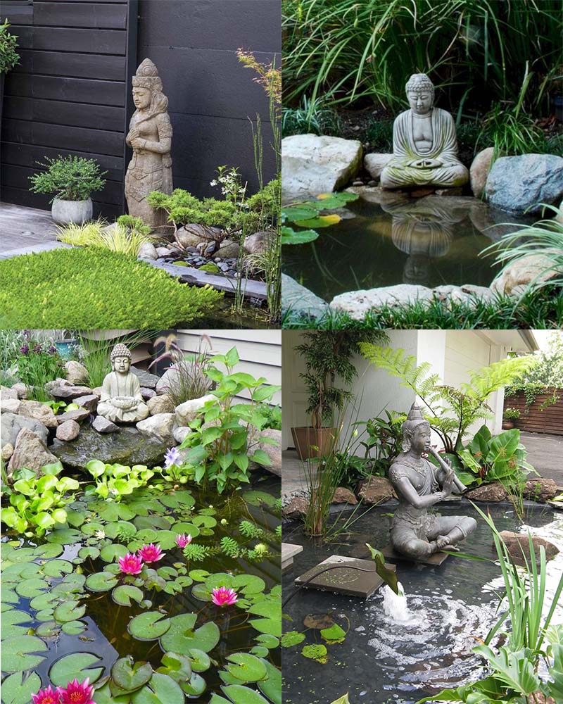 Buddhist statues create a Balinese ambiance in any water garden.