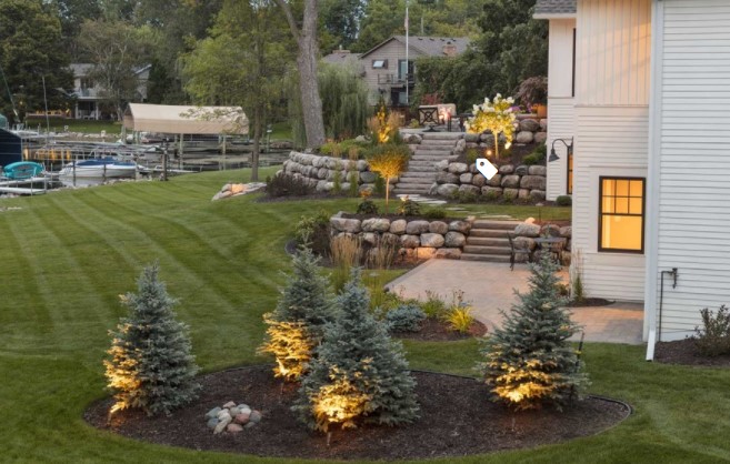 Dwarf varieties of pine trees create a luxurious feel to the front yard of a house.