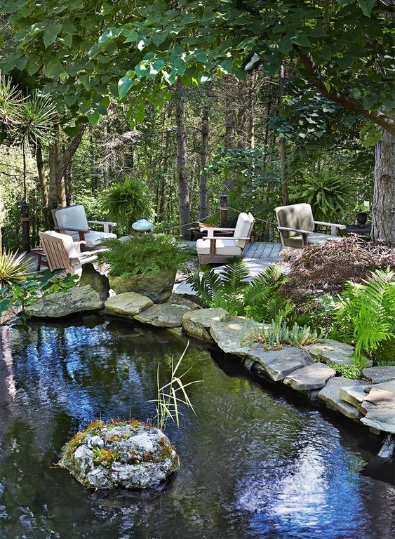 A koi pond next to a deck tucked deep in a forest.
