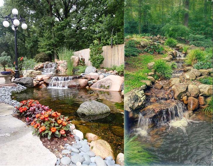 A large-scale 2-tier hillside waterfalls that flow down to a huge koi pond.
