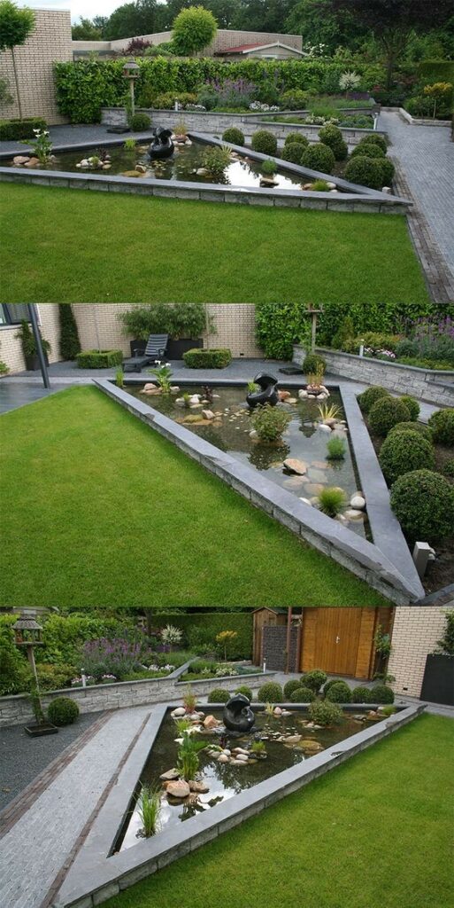 A perfectly landscaped triangle koi pond in the front yard of a house.