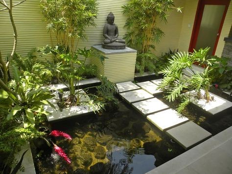 A pocket koi pond with a white walkway