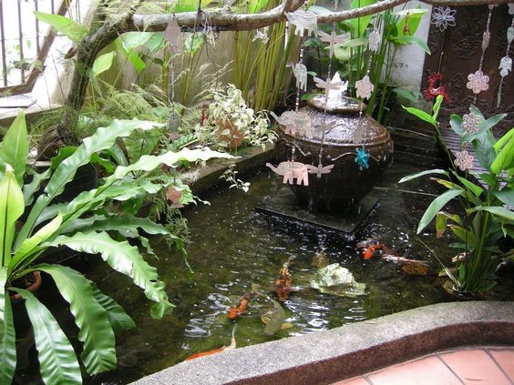 A simple pocket koi pond designed with fern, birds of paradise, and a pot fountain. 
