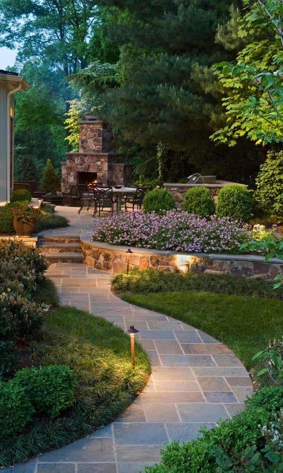 A pathway made of mortared flagstones.