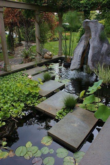 Flat stone slabs in a koi pond creates a 
modern and sleek vibe to a pathway. 
