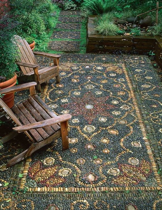 A garden pathway designed to mimic the patterns of a Moroccan carpet.
