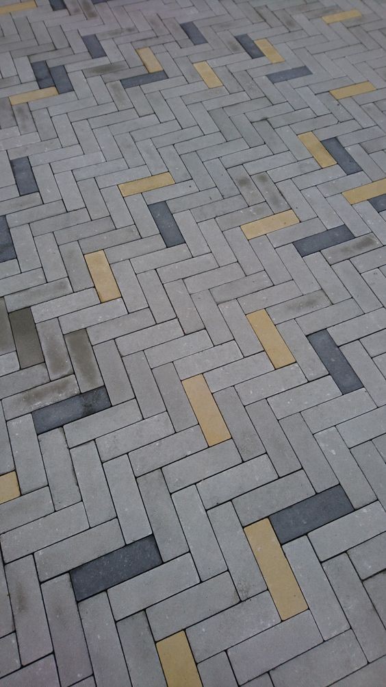 A garden pathway made of paver blocks forming a zigzag pattern. 