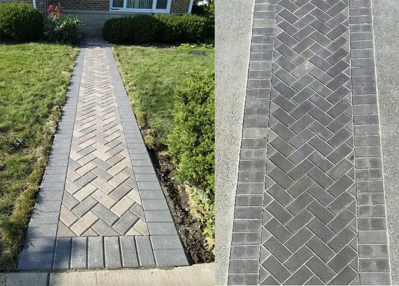 Two garden pathway designs that use the same design of paver blocks.