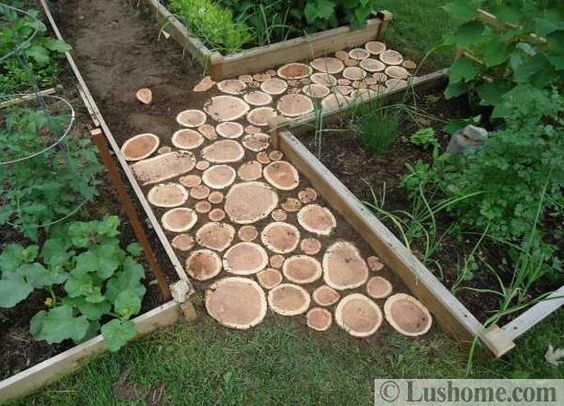 A wooden pathway around the vegetable garden made of cut wood.