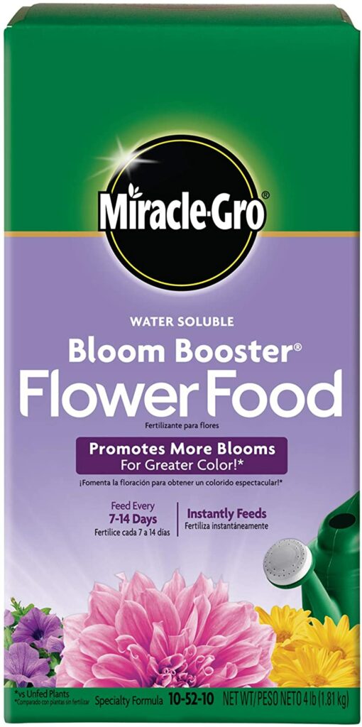 Miracle-Gro Water Soluble Bloom Booster Flower Food.