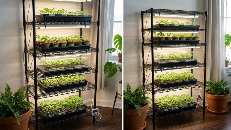Wire shelving unit with 5 tiers each holding one seedling tray