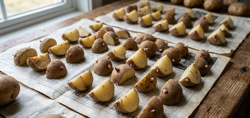 Cut seed potato pieces which are showing 2–3 eyes per chunk