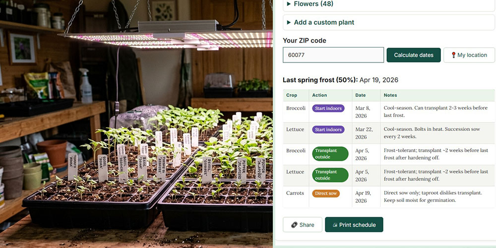 Seed starting calculator — organized seed starting setup with ogw tool and grow lights