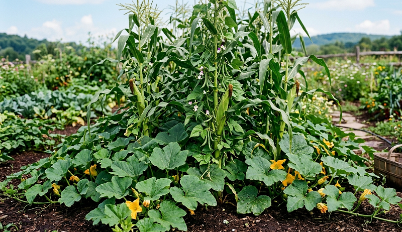 The Three Sisters growing together — corn stalks rising in the center, bean vines climbing the stalks, squash leaves spreading at the base as ground cover