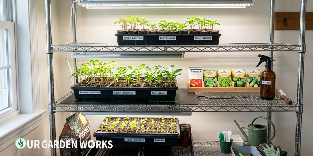 Seed starting station setup — affordable wire shelf with grow light, seedling trays, heat mat, and organized supplies for under $100