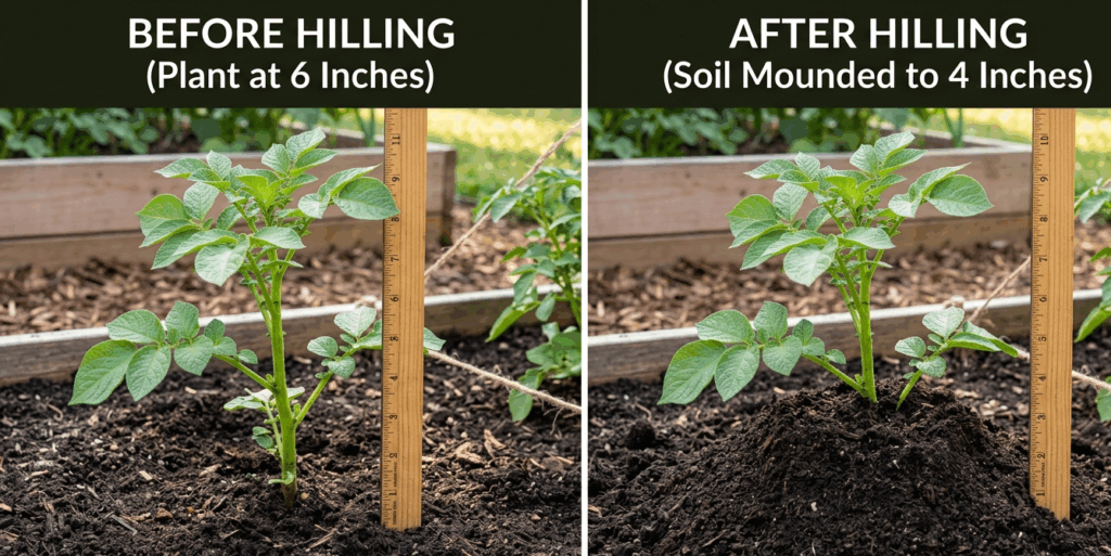 Before-and-after of hilling: plant at 6 inches before hilling vs. same plant with soil mounded to 4 inches, showing how much stem gets buried