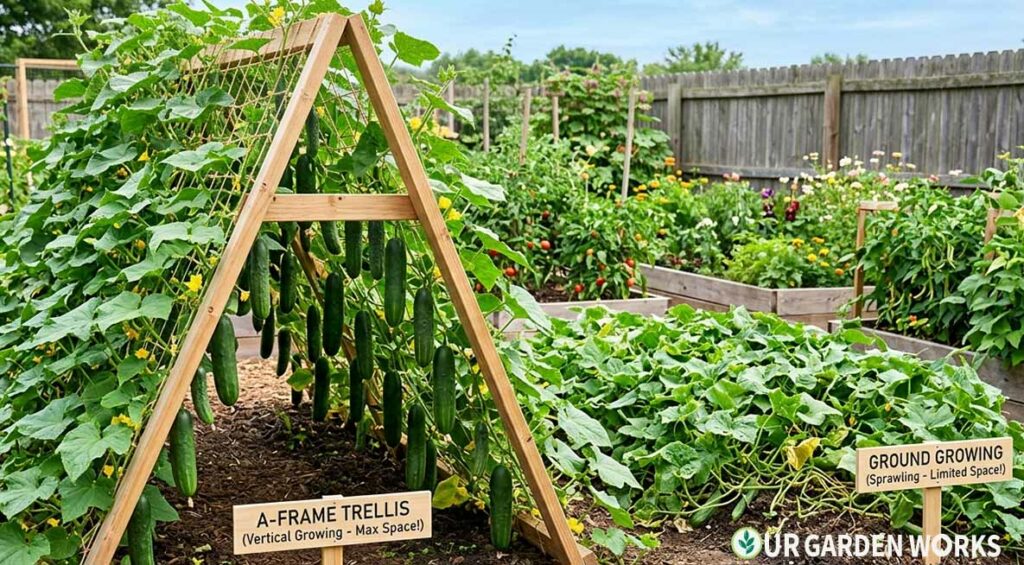 A-frame cucumber trellis with vines climbing both sides and cucumbers hanging down between — showing how much growing space this creates vs. ground-growing