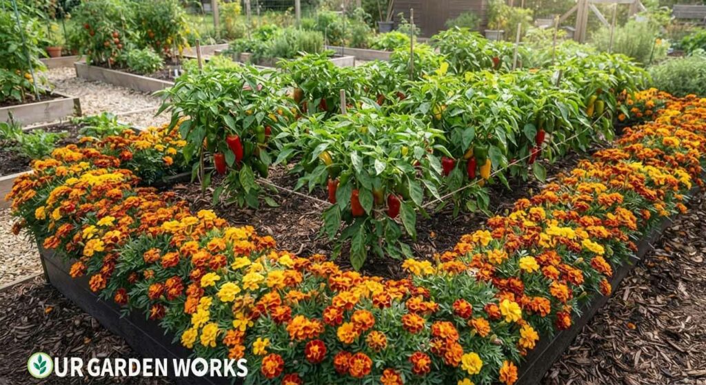 A pepper bed with a dense border of French marigolds along all four sides — showing the correct dense planting rather than a sparse scattering