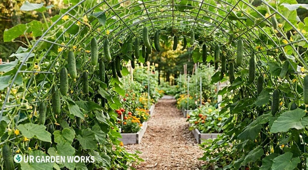 Cattle panel arch over a garden path with cucumber vines climbing both sides and fruit hanging inside the tunnel — showing the harvesting access from inside