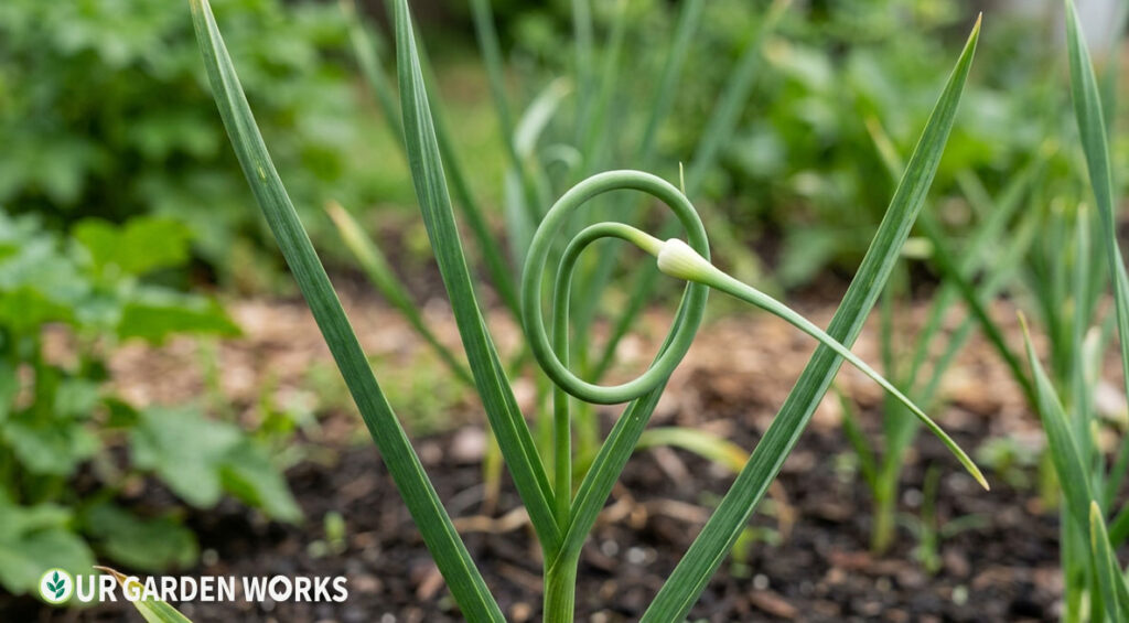 How to grow garlic - Close-up of a garlic scape making its characteristic single curl — the ideal harvest stage before removing to improve bulb size