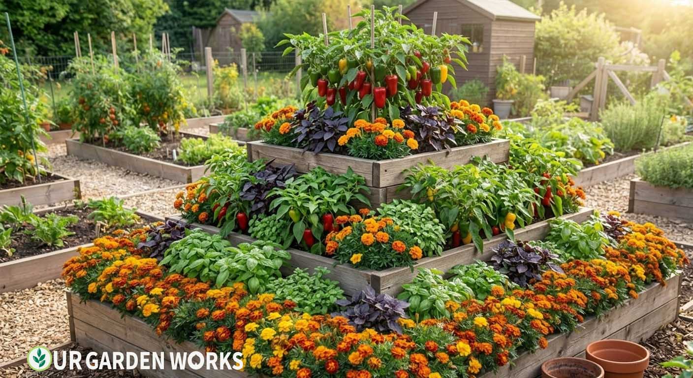 Companion plants for peppers - Companion plants for peppers — basil and marigolds planted alongside productive pepper plants