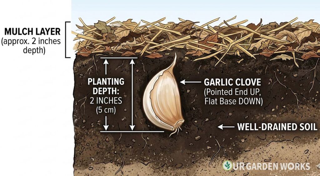 Cross-section diagram of soil showing garlic clove at 2-inch depth — pointed end up, flat base down, with measurement arrow and mulch layer above