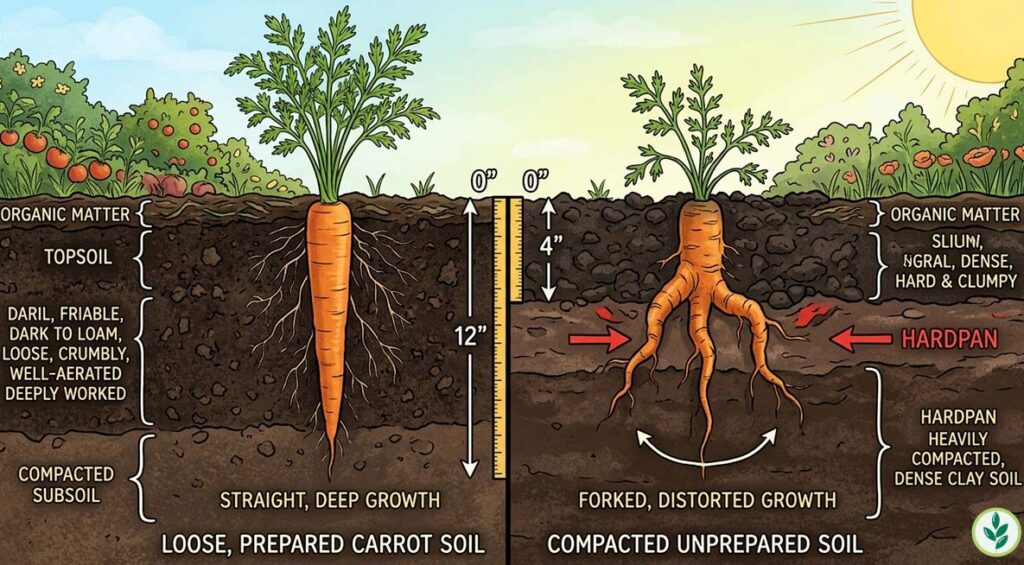 Cross-section showing loose prepared carrot soil at 12 inches deep vs compacted unprepared soil at 4 inches — showing why the first produces straight carrots and the second causes forking