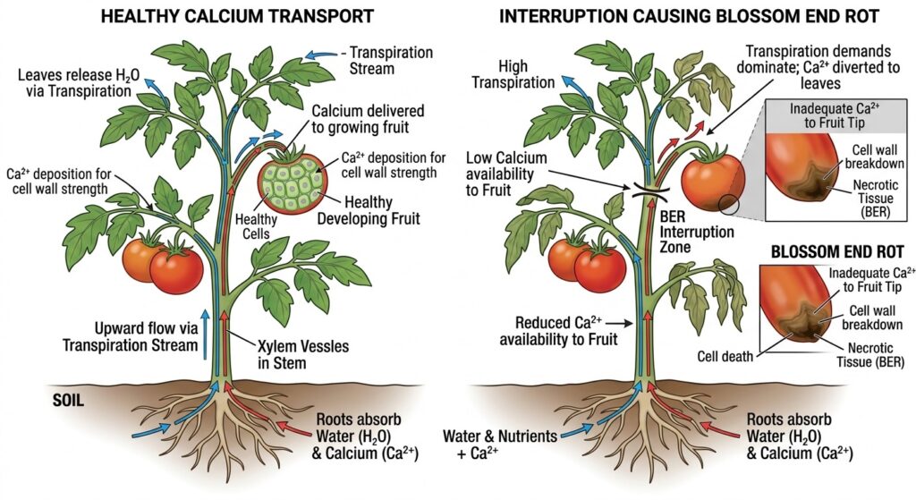 Diagram showing calcium transport in a tomato plant