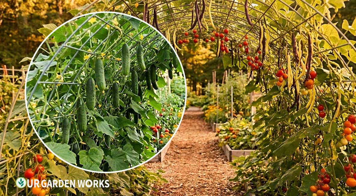 Do cucumbers need a trellis — cucumber plants growing vertically on a wire trellis with fruit hanging down