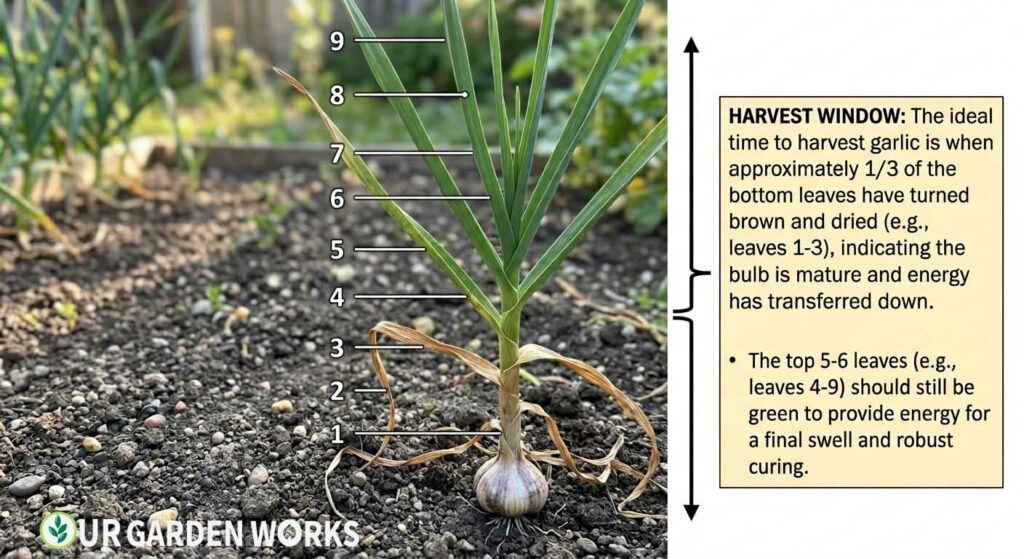 Garlic plant with leaves numbered from bottom — bottom 3 browned and dead, upper 5–6 still green — annotated to show the harvest window