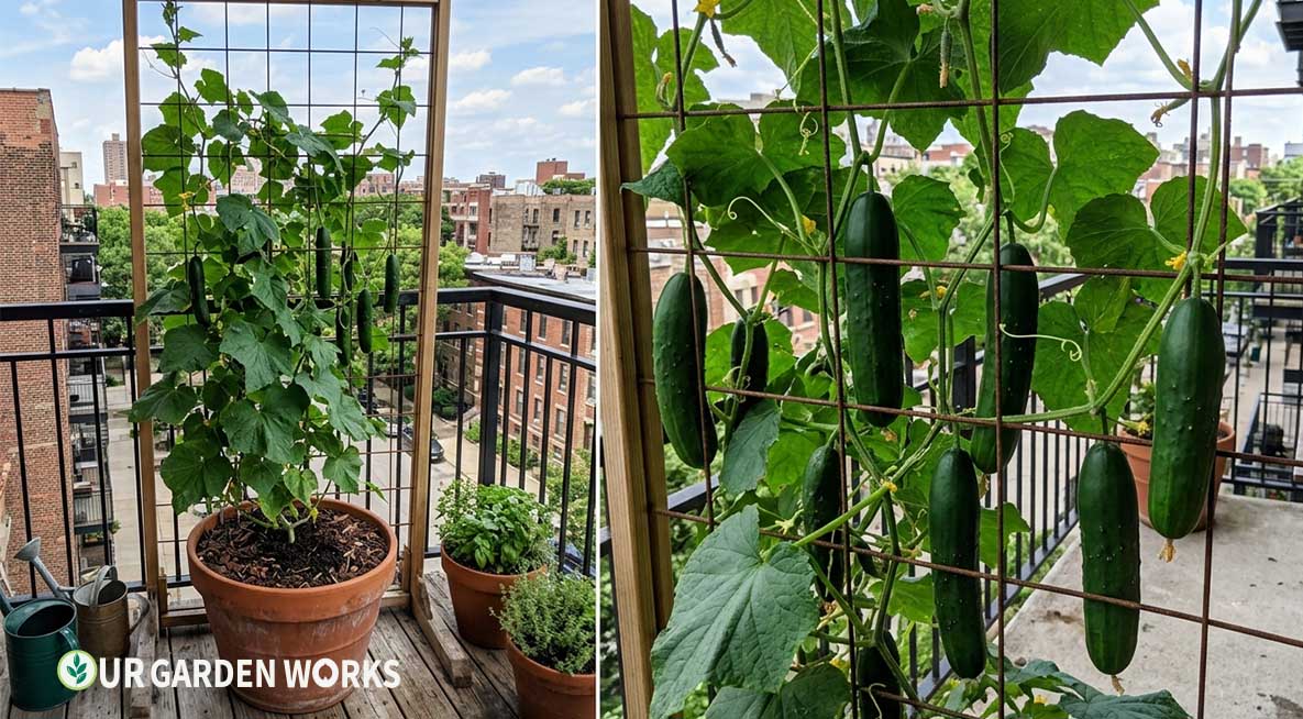 Growing cucumbers in containers — vertical trellis method on a balcony