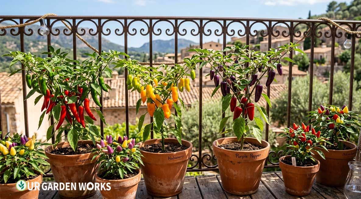 Growing peppers in containers — colorful pepper plants in terracotta pots on a sunny balcony