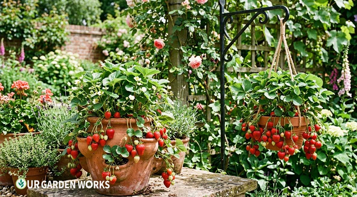 Growing strawberries in containers — terracotta planter overflowing with ripe berries