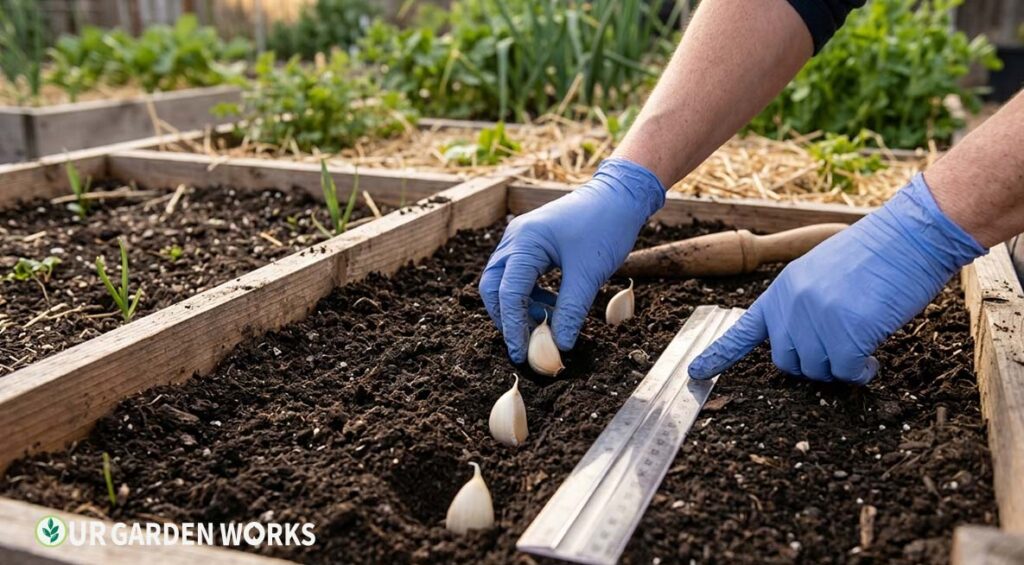 How to grow garlic - Hands planting garlic cloves in a prepared raised bed — pointy ends up, evenly spaced, with a ruler showing 6-inch spacing