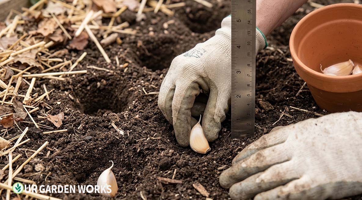 How deep to plant garlic — planting garlic cloves 2 inches deep in a prepared fall garden bed