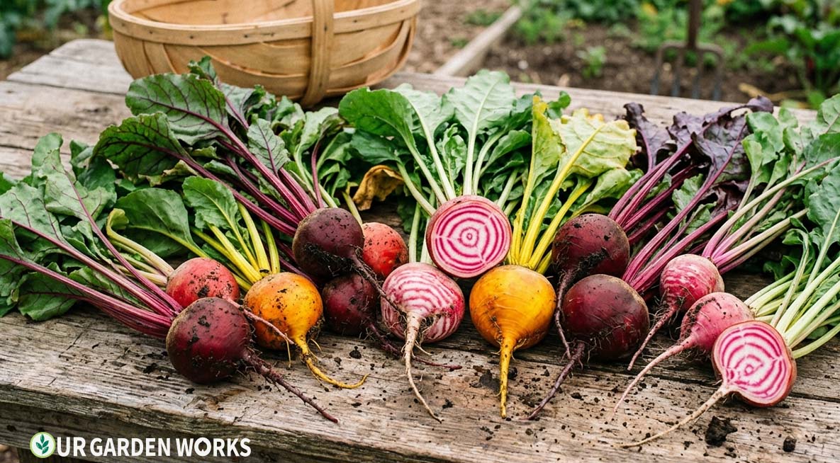 How to Grow Beets - Freshly pulled beets in a mix of varieties — deep red, golden yellow, and candy-striped Chioggia — roots and bright stems laid on a wooden surface