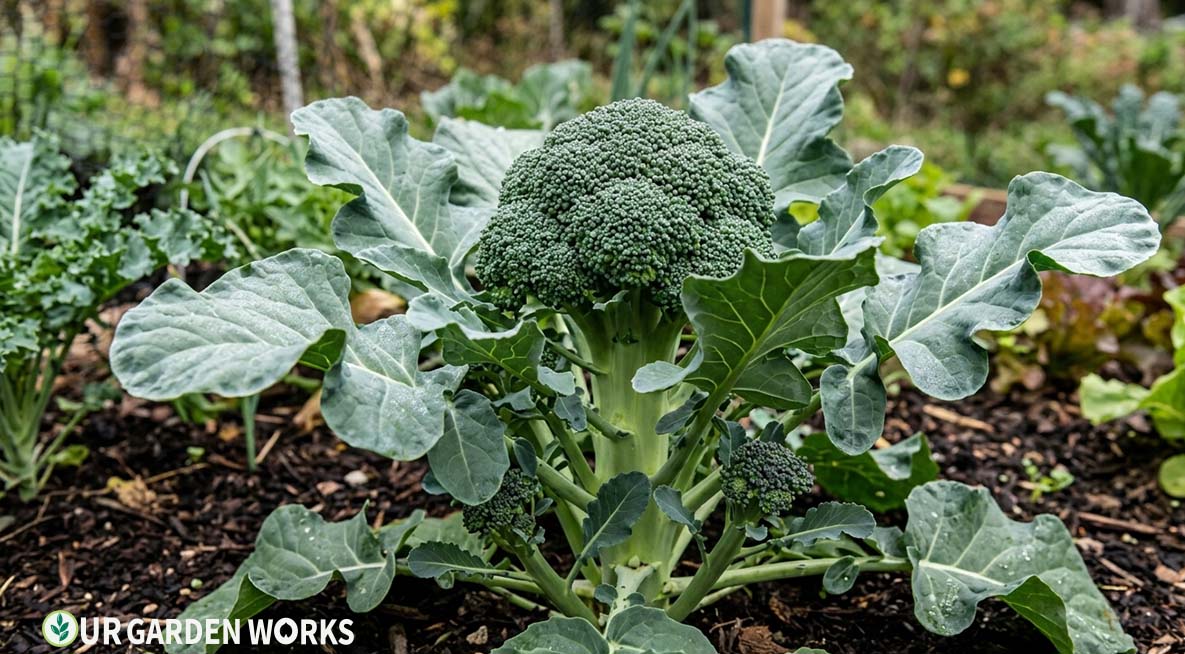 How to Grow Broccoli - Broccoli plant with a tight, dark-green central head and emerging side shoots around the base — ready for main head harvest