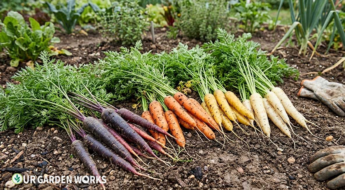 How to Grow Carrots - Freshly pulled rainbow carrots — purple, orange, yellow, and white — laid out on garden soil with their feathery green tops attached