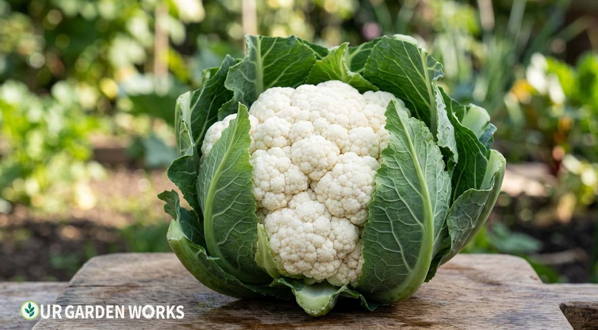 White cauliflower head in perfect condition — tightly closed florets surrounded by protecting green leaves, slightly blanched