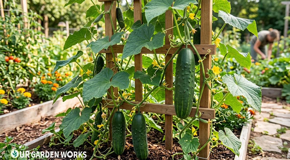 How to grow cucumbers — healthy cucumber plants climbing a garden trellis