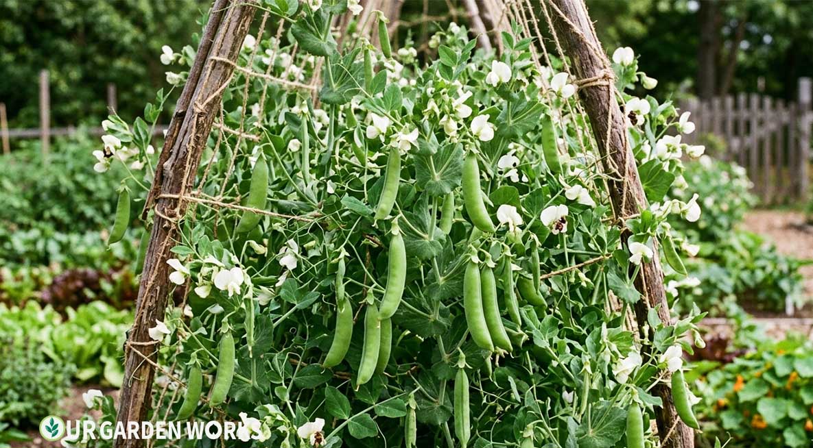 How to Grow Peas - Trellis covered with lush pea vines — plump snap pea pods and delicate white flowers at different stages of development
