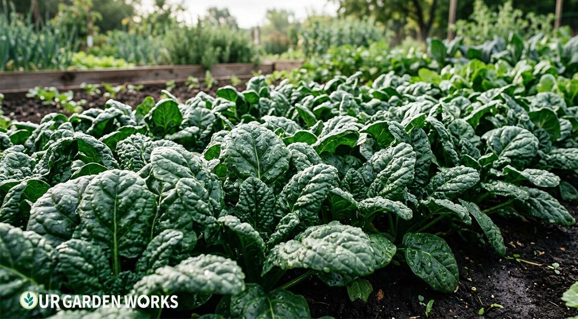 How to Grow Spinach - Dense bed of dark green spinach at harvest size — smooth Savoy-type leaves glistening after morning watering