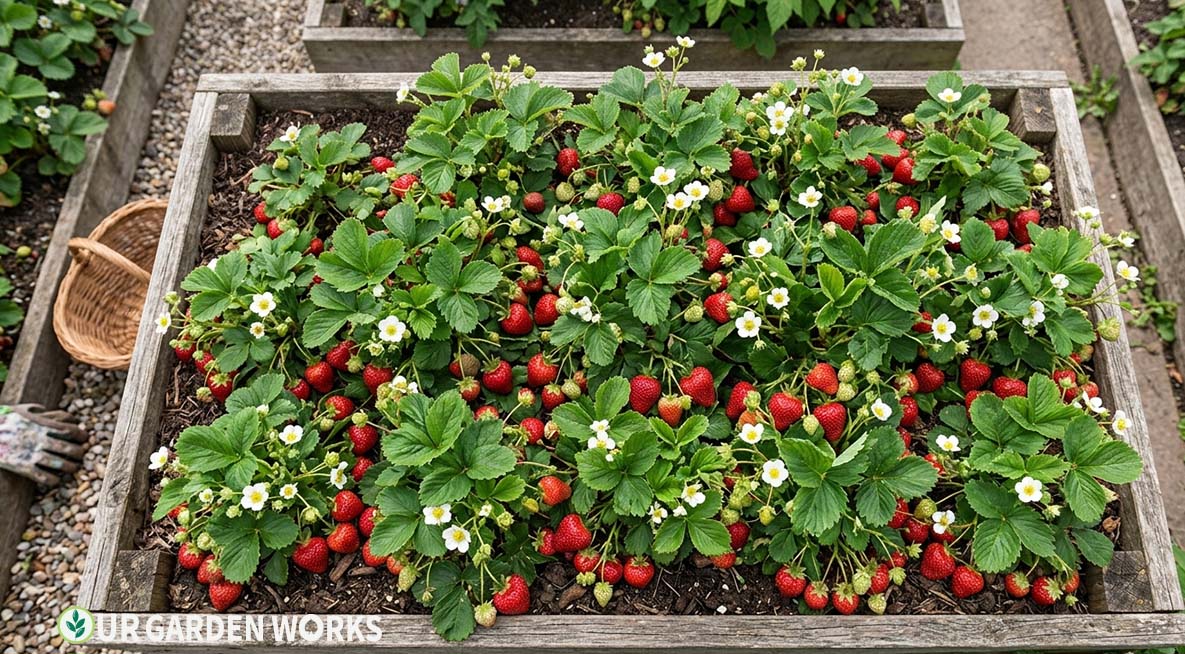 How to Grow Strawberries - Overhead shot of a raised strawberry bed loaded with ripe red berries, green leaves, and white flowers at different stages