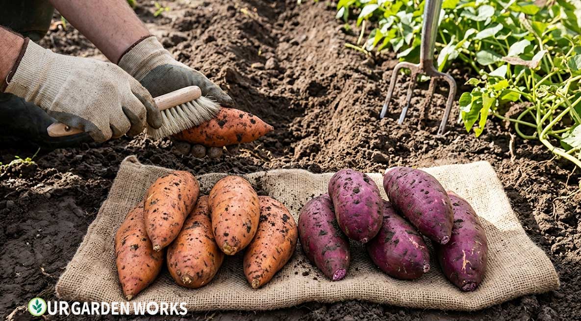 How to Grow Sweet Potatoes - Freshly harvested sweet potatoes being brushed off in the garden — orange Beauregard type and purple Stokes variety side by side