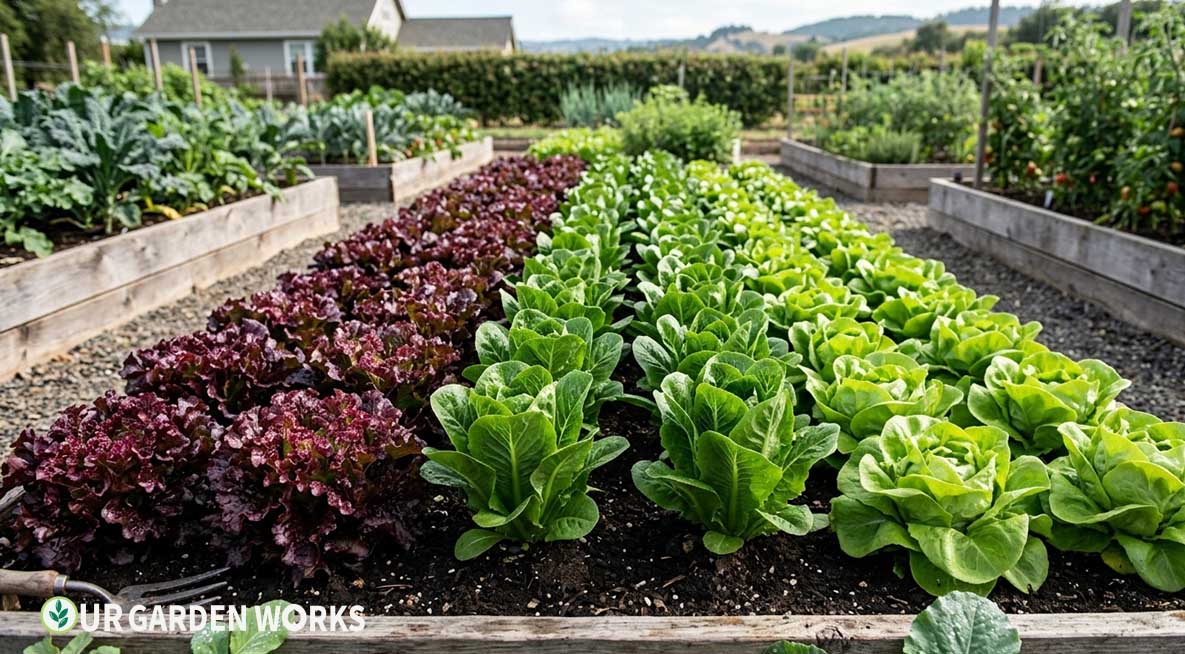 How to Grow lettuce - Dense rows of mixed lettuce varieties — red oak leaf, romaine, butterhead — at harvest size in a raised bed